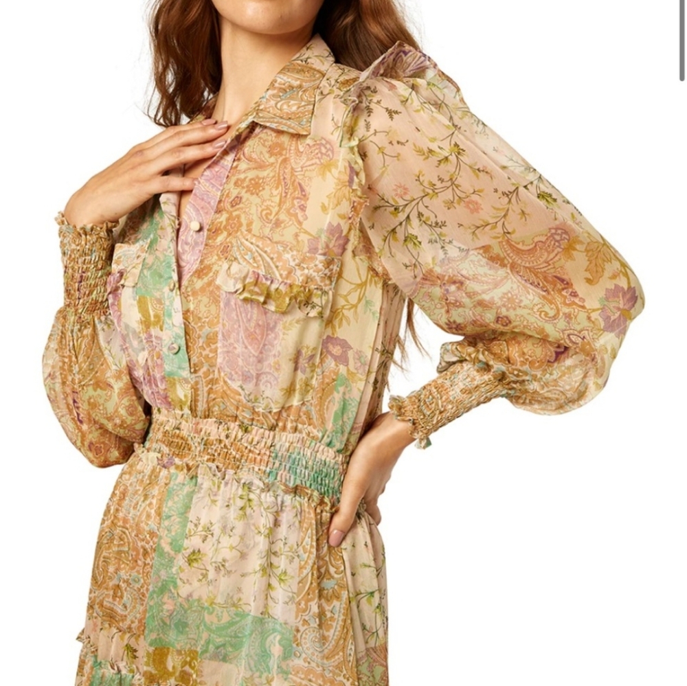 NWOT Famous Misa Los Angeles Aydeniz Dress Printemps Patchwork L - Picture 9 of 16
